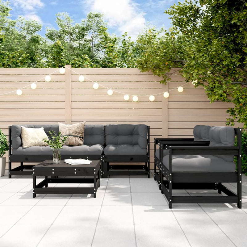 6 Piece Garden Lounge Set with Cushions Black Solid Wood Payday Deals