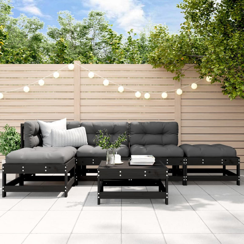 6 Piece Garden Lounge Set with Cushions Black Solid Wood Payday Deals