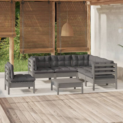 6 Piece Garden Lounge Set with Cushions Grey Pinewood