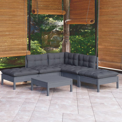 6 Piece Garden Lounge Set with Cushions Grey Pinewood