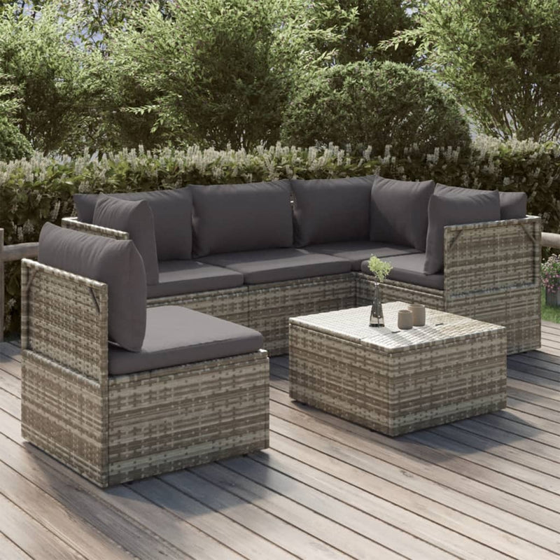 6 Piece Garden Lounge Set with Cushions Grey Poly Rattan Payday Deals