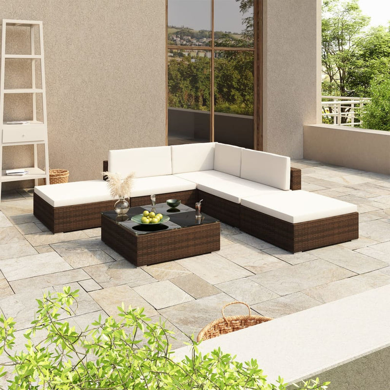 6 Piece Garden Lounge Set with Cushions Poly Rattan Brown Payday Deals