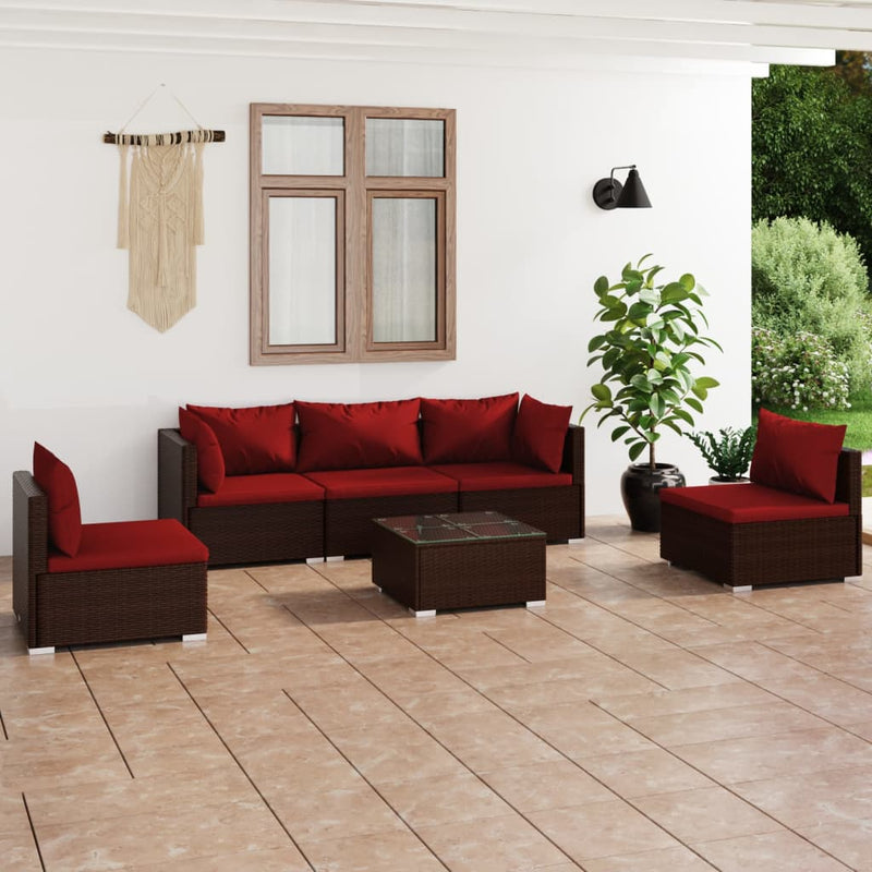 6 Piece Garden Lounge Set with Cushions Poly Rattan Brown Payday Deals
