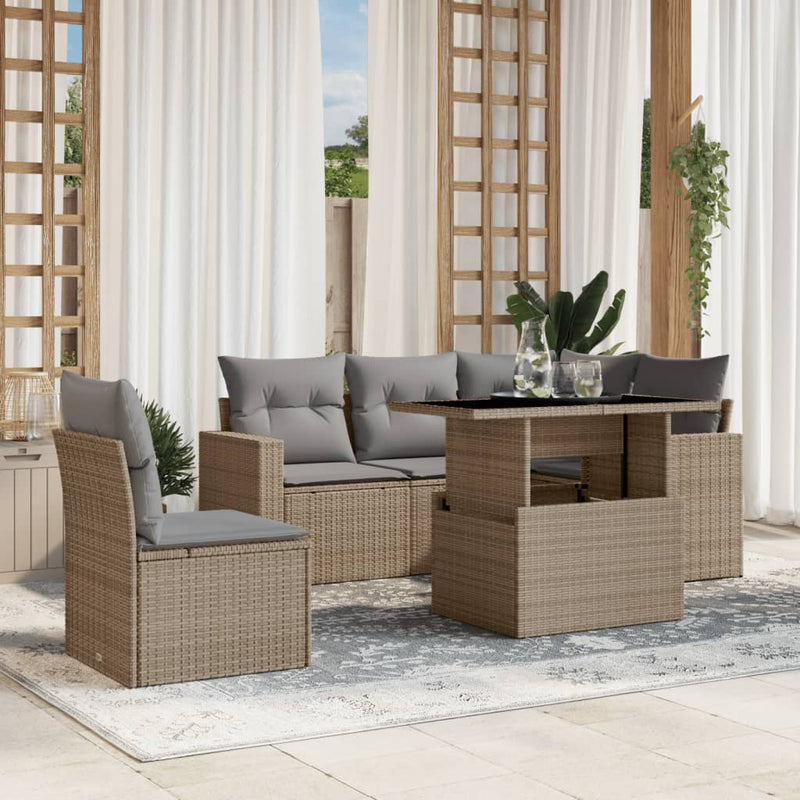6 Piece Garden Sofa Set with Cushions Beige Poly Rattan Payday Deals