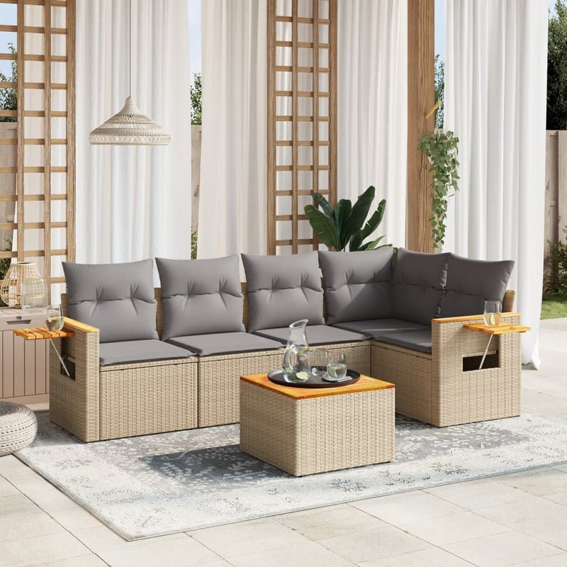 6 Piece Garden Sofa Set with Cushions Beige Poly Rattan Payday Deals