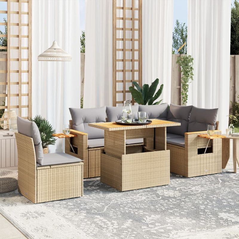 6 Piece Garden Sofa Set with Cushions Beige Poly Rattan Payday Deals