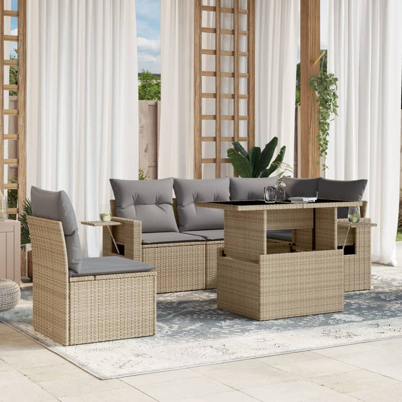 6 Piece Garden Sofa Set with Cushions Beige Poly Rattan Payday Deals