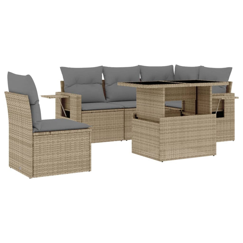 6 Piece Garden Sofa Set with Cushions Beige Poly Rattan Payday Deals