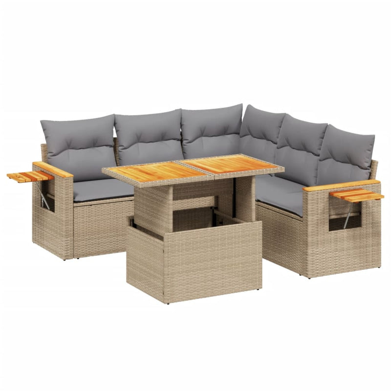 6 Piece Garden Sofa Set with Cushions Beige Poly Rattan Payday Deals