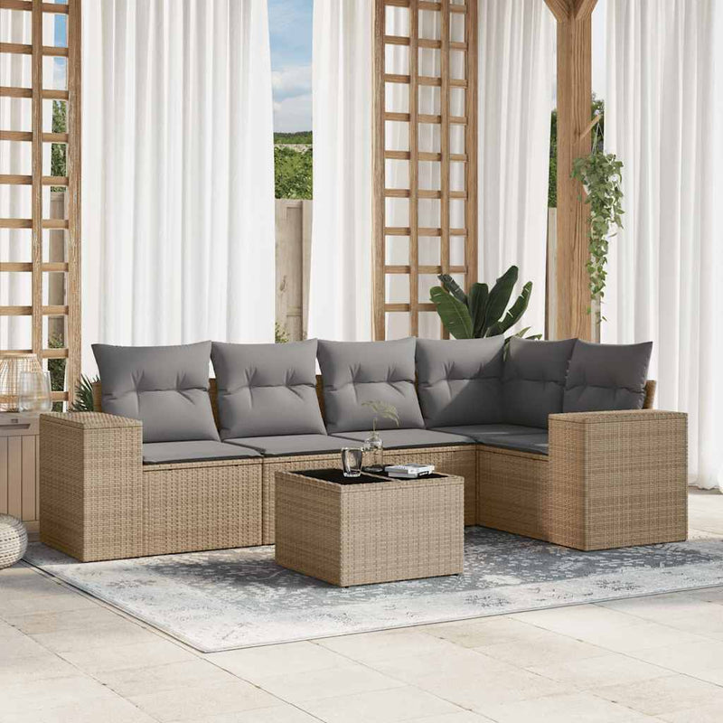6 Piece Garden Sofa Set with Cushions Beige Poly Rattan Payday Deals