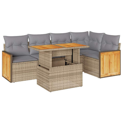 6 Piece Garden Sofa Set with Cushions Beige Poly Rattan Acacia Payday Deals