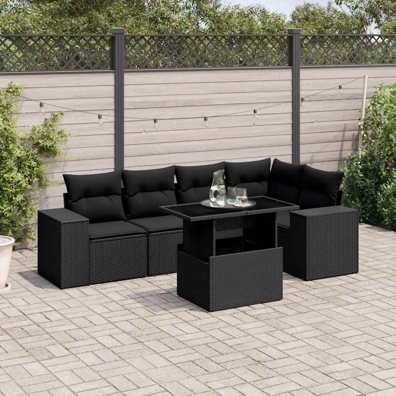 6 Piece Garden Sofa Set with Cushions Black Poly Rattan Payday Deals