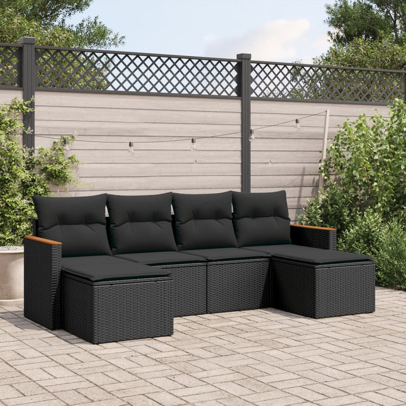 6 Piece Garden Sofa Set with Cushions Black Poly Rattan Payday Deals