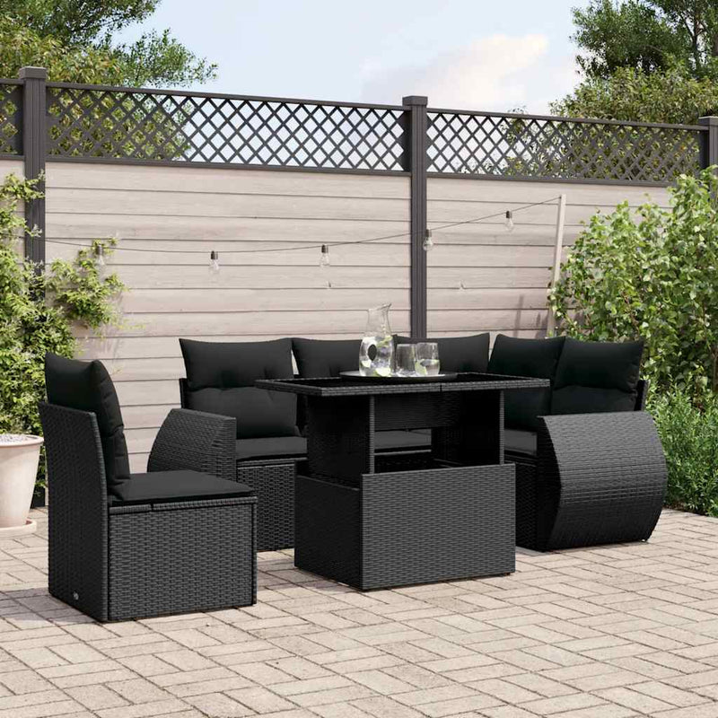 6 Piece Garden Sofa Set with Cushions Black Poly Rattan Payday Deals