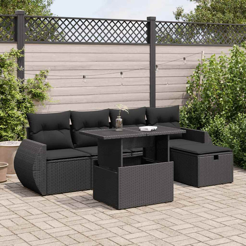6 Piece Garden Sofa Set with Cushions Black Poly Rattan Payday Deals