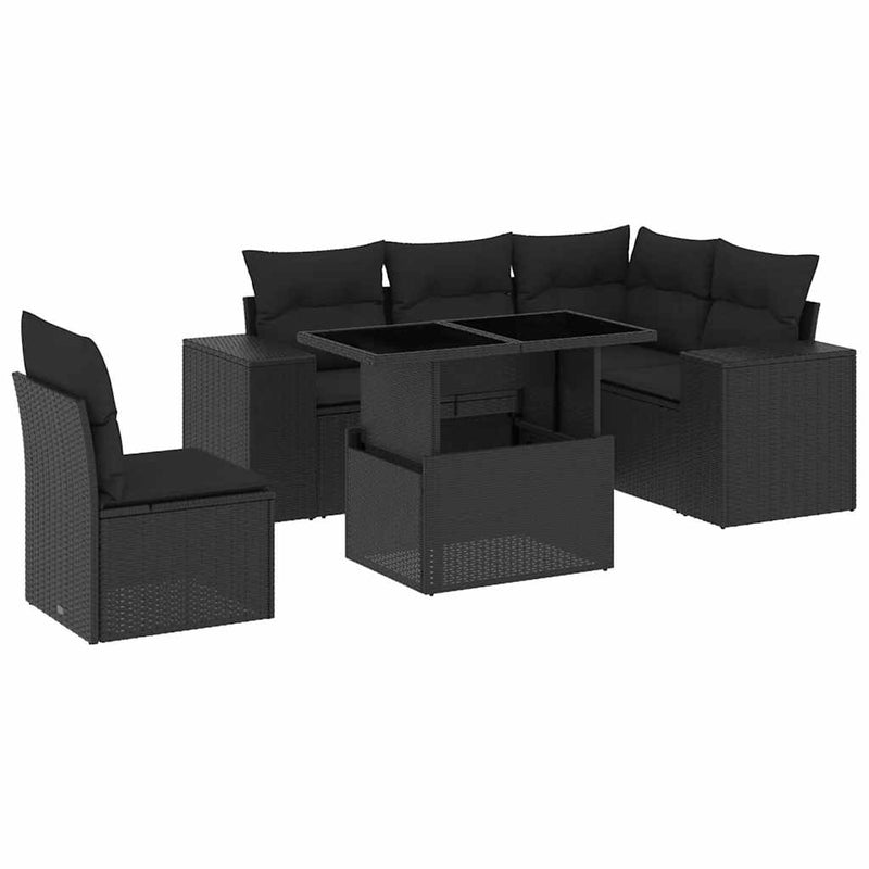 6 Piece Garden Sofa Set with Cushions Black Poly Rattan Payday Deals