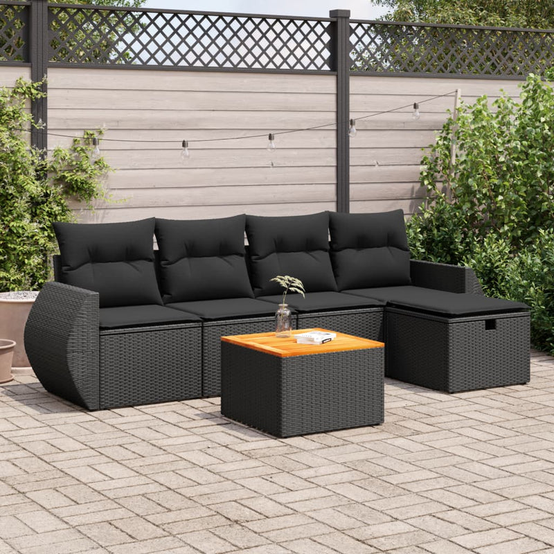 6 Piece Garden Sofa Set with Cushions Black Poly Rattan Payday Deals