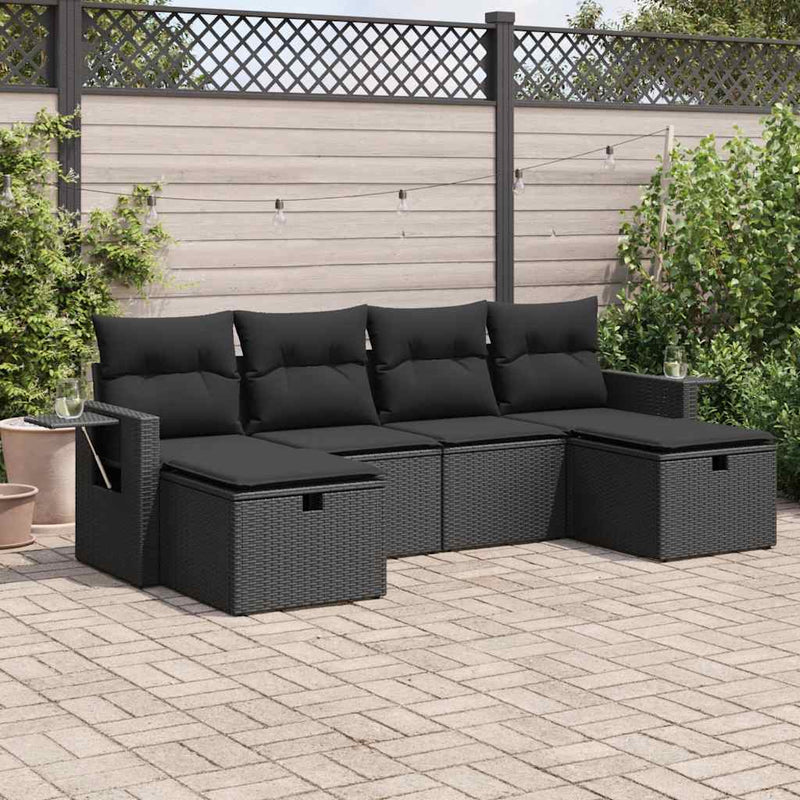 6 Piece Garden Sofa Set with Cushions Black Poly Rattan Payday Deals