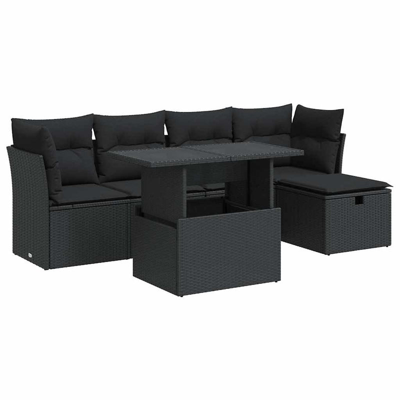 6 Piece Garden Sofa Set with Cushions Black Poly Rattan Payday Deals