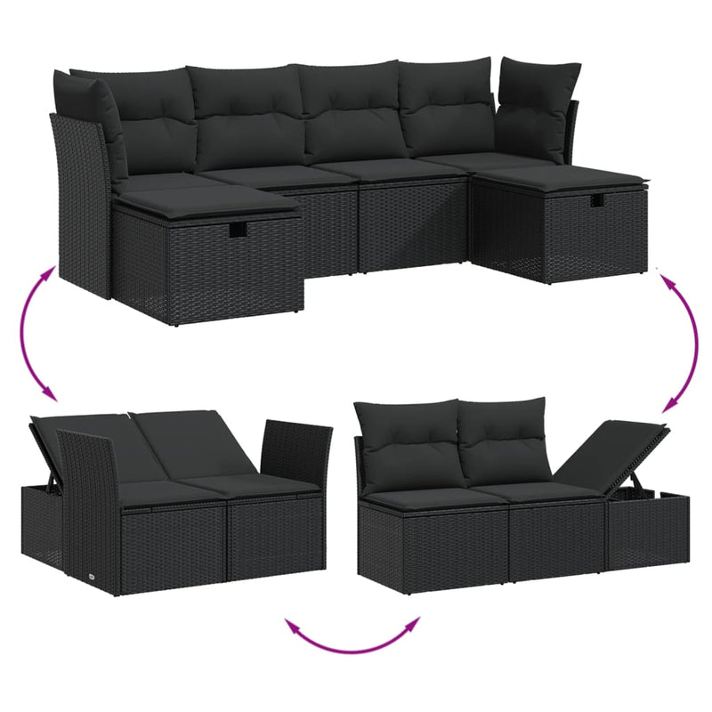 6 Piece Garden Sofa Set with Cushions Black Poly Rattan Payday Deals