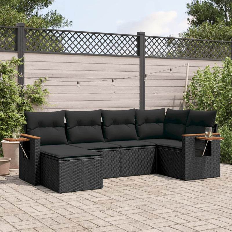 6 Piece Garden Sofa Set with Cushions Black Poly Rattan Payday Deals