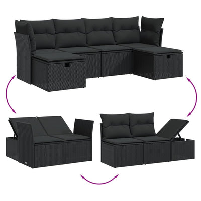 6 Piece Garden Sofa Set with Cushions Black Poly Rattan Payday Deals