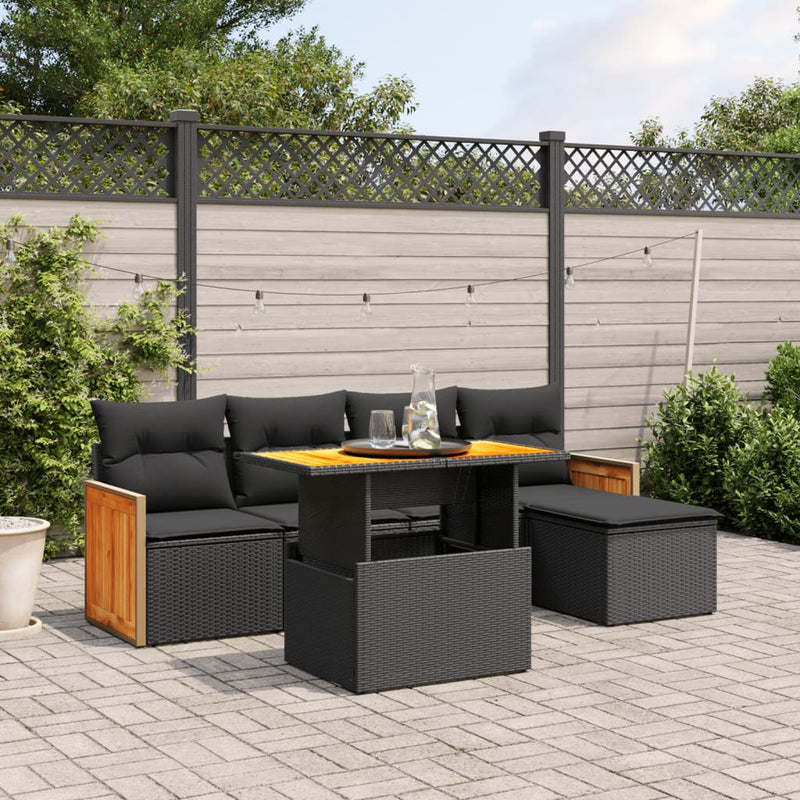 6 Piece Garden Sofa Set with Cushions Black Poly Rattan Payday Deals