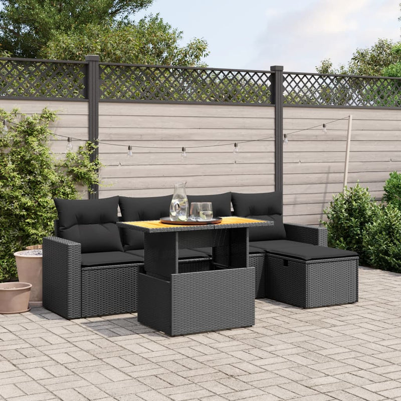 6 Piece Garden Sofa Set with Cushions Black Poly Rattan Payday Deals