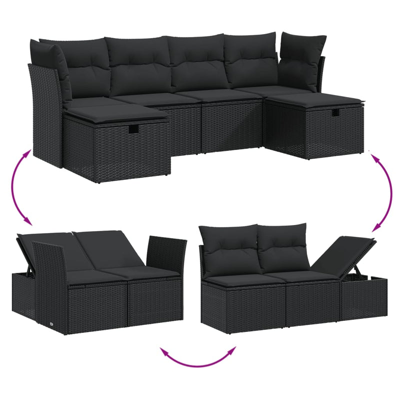 6 Piece Garden Sofa Set with Cushions Black Poly Rattan Payday Deals