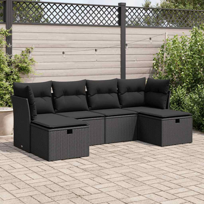 6 Piece Garden Sofa Set with Cushions Black Poly Rattan Payday Deals