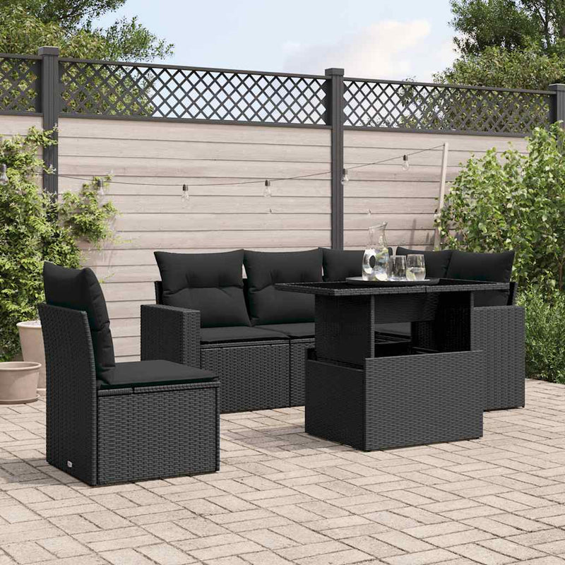 6 Piece Garden Sofa Set with Cushions Black Poly Rattan Payday Deals