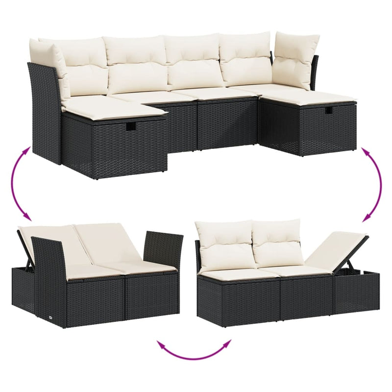 6 Piece Garden Sofa Set with Cushions Black Poly Rattan Payday Deals