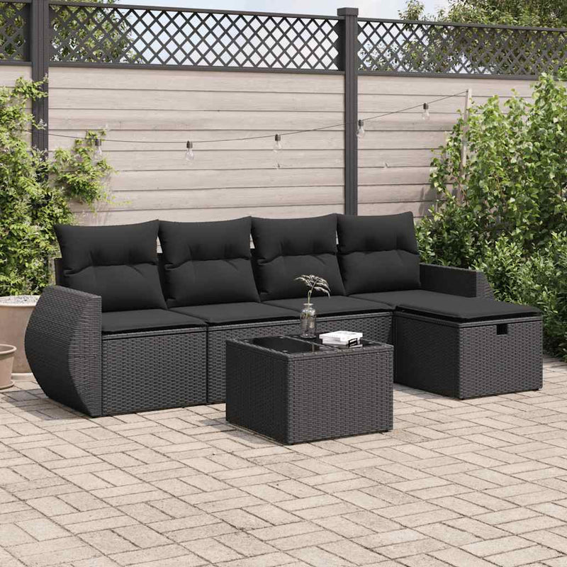 6 Piece Garden Sofa Set with Cushions Black Poly Rattan Payday Deals