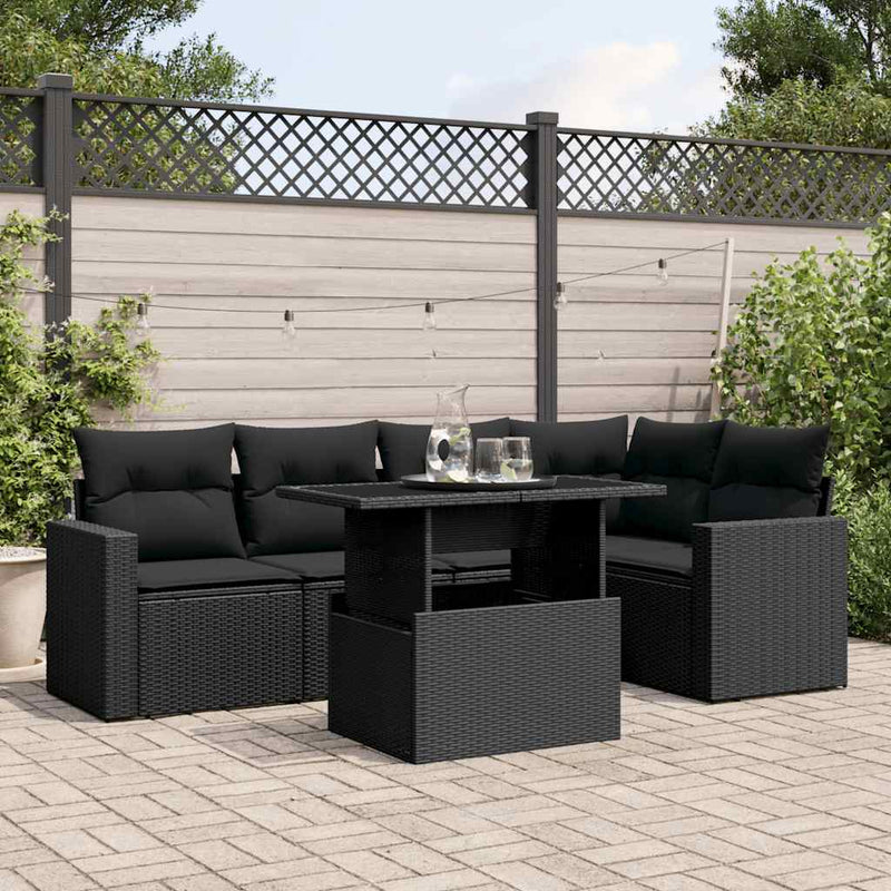 6 Piece Garden Sofa Set with Cushions Black Poly Rattan Payday Deals