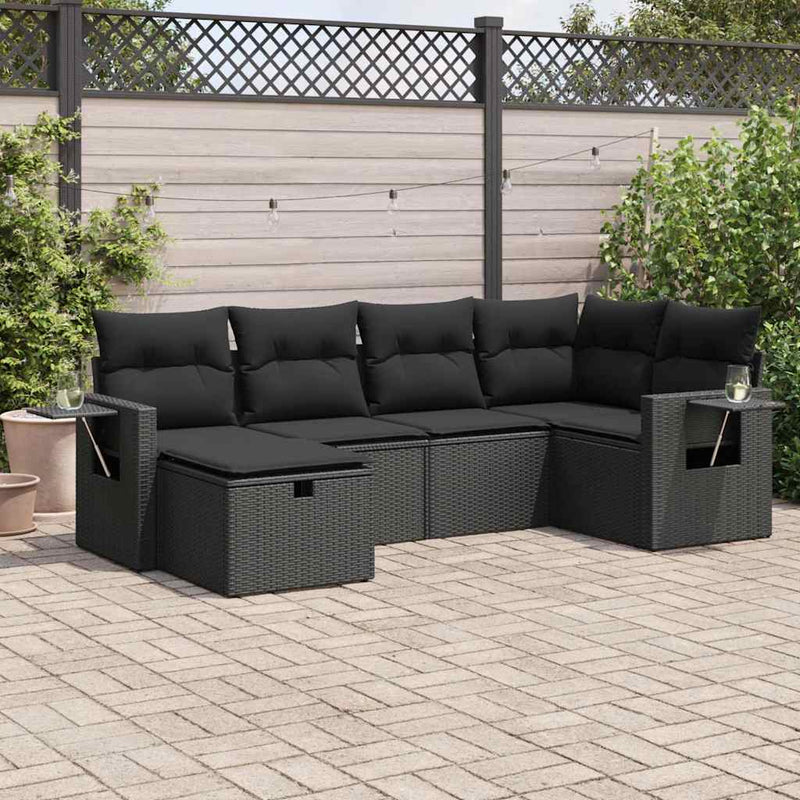 6 Piece Garden Sofa Set with Cushions Black Poly Rattan Payday Deals