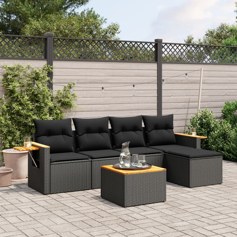 6 Piece Garden Sofa Set with Cushions Black Poly Rattan Payday Deals