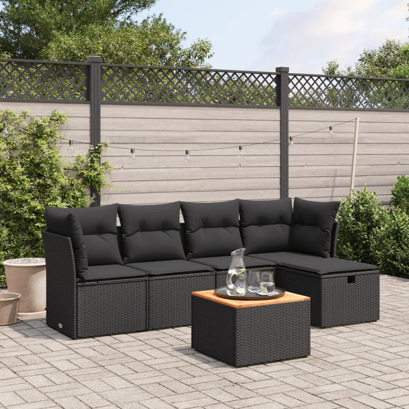 6 Piece Garden Sofa Set with Cushions Black Poly Rattan Payday Deals