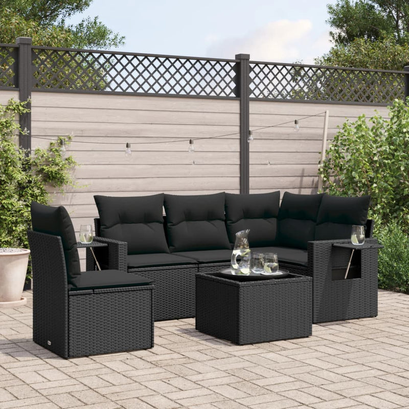 6 Piece Garden Sofa Set with Cushions Black Poly Rattan Payday Deals