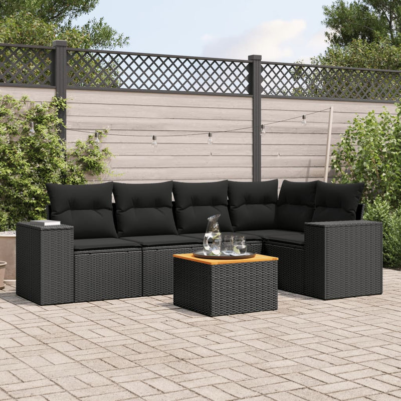 6 Piece Garden Sofa Set with Cushions Black Poly Rattan Payday Deals