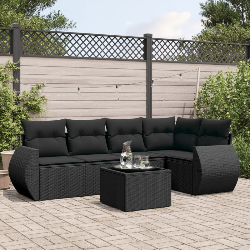 6 Piece Garden Sofa Set with Cushions Black Poly Rattan Payday Deals