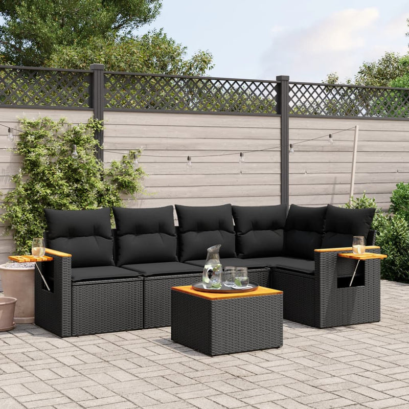 6 Piece Garden Sofa Set with Cushions Black Poly Rattan Payday Deals