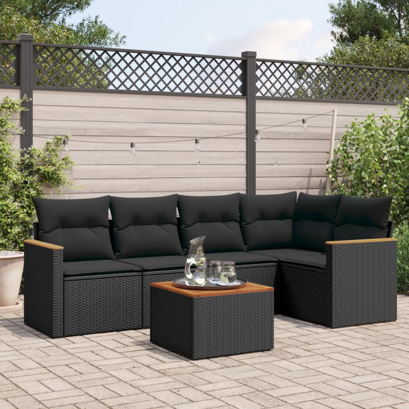 6 Piece Garden Sofa Set with Cushions Black Poly Rattan Payday Deals