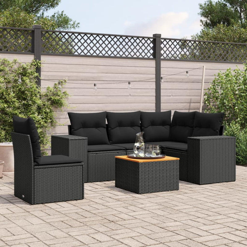 6 Piece Garden Sofa Set with Cushions Black Poly Rattan Payday Deals