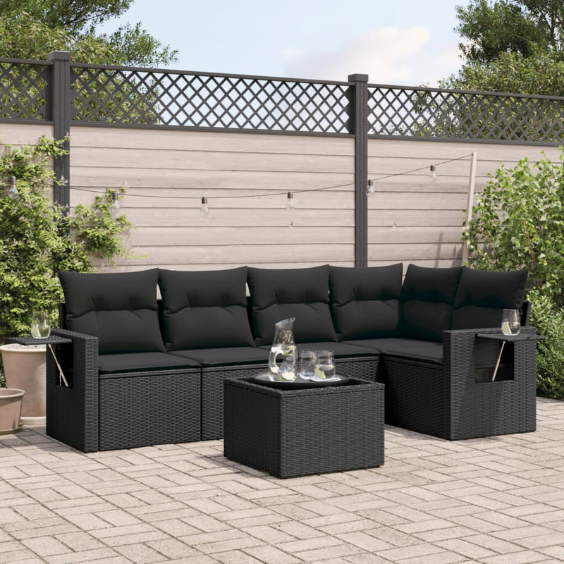 6 Piece Garden Sofa Set with Cushions Black Poly Rattan Payday Deals