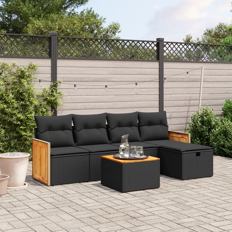 6 Piece Garden Sofa Set with Cushions Black Poly Rattan Payday Deals