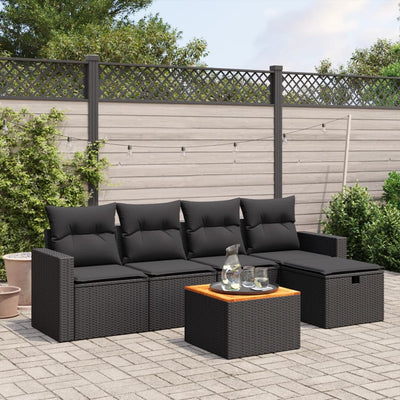 6 Piece Garden Sofa Set with Cushions Black Poly Rattan