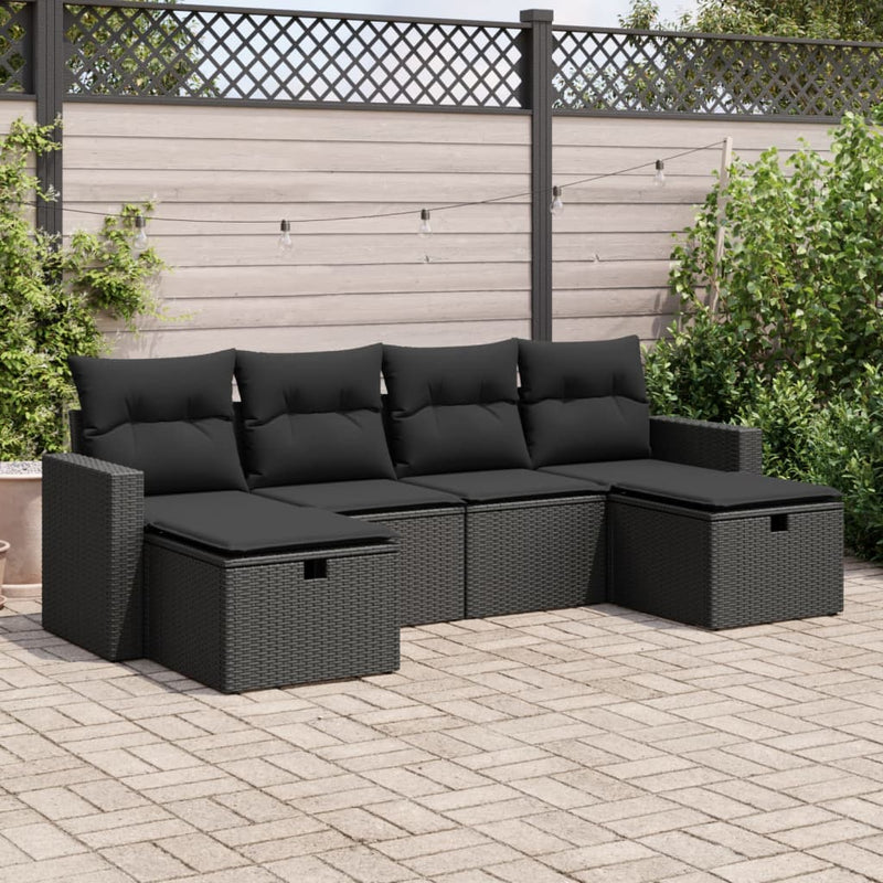 6 Piece Garden Sofa Set with Cushions Black Poly Rattan Payday Deals