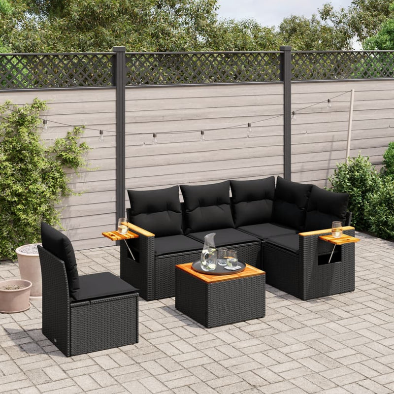 6 Piece Garden Sofa Set with Cushions Black Poly Rattan Payday Deals