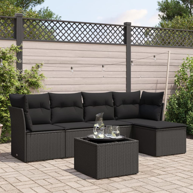 6 Piece Garden Sofa Set with Cushions Black Poly Rattan Payday Deals