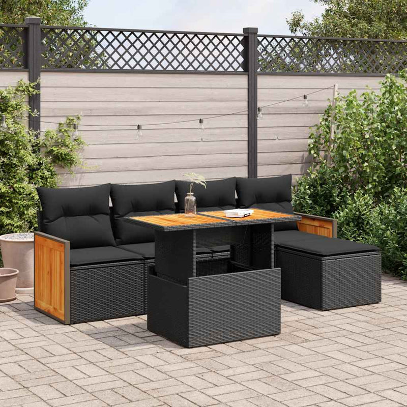 6 Piece Garden Sofa Set with Cushions Black Poly Rattan Acacia Payday Deals